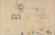Stage Set Design; Left Half of Elaborate Baroque-Rococo Style Proscenium Opening (recto); Several Sketches of Name Plaques and Wreaths, framed by Swags, with names "Verdi" and "Aida" (verso), Salvador Alarma Tastás (Spanish, Barcelona 1870–1941), Graphite on gray paper, measuring lines in graphite (recto); pen and brown ink, graphite (verso)