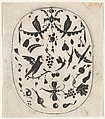 Oval Blackwork Print with Birds, Insects and Fruits, Claes Jansz. Visscher Dutch, Blackwork