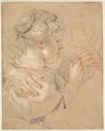 Study of a Young Girl Drinking from a Glass, Jacob Jordaens Flemish, Black and red chalk, heightened with white chalk, on light brown paper; framing lines in pen and brown ink