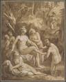 Diana and Actaeon, Joseph Bergler the Younger  Austrian, Pen and brush and brown ink, heightened with white gouache; framing lines in pen and black ink (?), probably not by the artist, over framing lines in pen and brown ink, by the artist