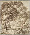 A Path Bordered by Trees with two Beggars and a Couple Strolling, Ferdinand Kobell  German, Pen and brown ink, brush and brown wash, on paper prepared with a light brown wash; framing lines in graphite or black chalk