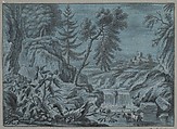 Southern Landscape with a Waterfall and Goats, Ferdinand Kobell  German, Pen and brown and black ink, gray wash, heightened with white gouache, on blue paper; framing line in pen and brown ink, by the artist