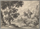 Landscape with a Bridge and a Village Church, Anonymous, Flemish, 17th century (?) Flemish, Brush and gray wash, over black chalk; framing lines in brush and gray wash