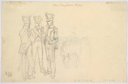 View of the Alter Kranen in Würzburg; verso: Study of Three Soldiers and Two More Figures, Johann Adam Klein (German, Nuremberg 1792–1875 Munich), Graphite