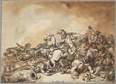 A Battle Scene, Ferdinand Kobell  German, Pen and black and brown ink, brush and  brown and gray ink, over black chalk; engraved framing line and, at lower center, a cartouche (cropped)