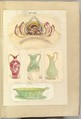 Designs for an Pierced Border Ornament, Three Pitchers and an Open Basin (recto); Design for a Candle Stick (verso), Alfred Henry Forrester [Alfred Crowquill] (British, London 1804–1872 London), Pen and ink, watercolor and gouache (bodycolor)