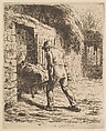 Peasant Pushing A Wheelbarrow, Jean-François Millet  French, Etching printed in brown/black ink  on chine collé; first state of four