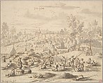 Peasants in a Landscape with a Military Camp in Grand-Hallet, Josua de Grave  Dutch, Pen and black ink, brush and gray wash