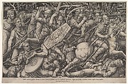 Roman soldiers fighting against Dacians, battle scene in shallow depth with horses and horn-players (after a bas-relief on the Arch of Constantine, Rome), Nicolas Beatrizet  French, Engraving