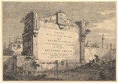 Title plate of 'Vedute altre prese da i luoghi altre ideate', with title and publication information inscribed into a wall plaque at the edge of a canal, Canaletto (Giovanni Antonio Canal) (Italian, Venice 1697–1768 Venice), Etching; second state of two