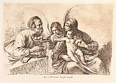 Holy Family with an Angel Who Offers Fruit to the Christ Child: Raccolta di alcuni disegni del Barbieri da Cento detto il Guernico, Francesco Bartolozzi (Italian, Florence 1728–1815 Lisbon), Etching with red and black ink