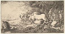 Entry of the animals into Noah's ark, three men follow quadrupeds and birds striding toward the ark in the background, another male figure points the way, Giovanni Benedetto Castiglione (Il Grechetto) (Italian, Genoa 1609–1664 Mantua), Etching