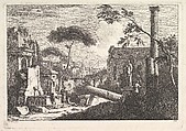 Plate 13: a townscape with a fountain, fallen column and statue at right and a Gothic church beside an aqueduct in the background, Davide Antonio Fossati (Italian, 1708–1791), Etching