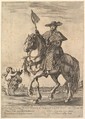 Bernardino Ricci, called il Tedeschino, atop a horse in center, riding towards the left, wearing a long robe, a cape, and a hat, holding a staff in his right hand, a putto holding the Medici coat of arms at bottom left, Florence in the background, Stefano della Bella Italian, Etching