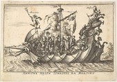 Plate 2: The Argonaut Amphion led by Mercury (Anfione Argon. condotto da Mercurio), with a fantastic beast head at the prow and Amphion seated at the stern, from the series 'The magnificent pageant on the river Arno in Florence for the marriage of the Grand Duke' (Le Magnifique carousel fait sur le fleuve de l'Arne a Florence, pour le mariage du Grand Duc), for the wedding celebration of Cosimo de' Medici in Florence, 1608, Anonymous, Etching; reverse copy