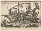 Plate 13: Argonauts Meleager and Tydeus led by Cupid (Meleagro et Tideo Argonotes condotti da Cupido), from the series 'The magnificent pageant on the river Arno in Florence for the marriage of the Grand Duke' (Le Magnifique carousel fait sur le fleuve de l'Arne a Florence, pour le mariage du Grand Duc), for the wedding celebration of Cosimo de' Medici in Florence, 1608, Anonymous, Etching; reverse copy