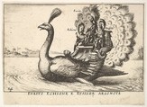 Plate 14: The Argonauts Eurytus, Echion, and Aethalides (Eurito Echione e Etalide Argonote), led by Mercury in the form of a peacock, from the series 'The magnificent pageant on the river Arno in Florence for the marriage of the Grand Duke' (Le Magnifique carousel fait sur le fleuve de l'Arne a Florence, pour le mariage du Grand Duc), for the wedding celebration of Cosimo de' Medici in Florence, 1608, Anonymous, Etching; reverse copy
