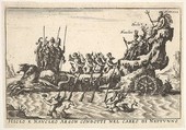 Plate 9: Argonauts Hicleus and Naucleus led in the float of Neptune (Hicleo e Naucleo Argon. condotti nel carro di Nattunno), with male sea creatures blowing horns from the water below, from the series 'The magnificent pageant on the river Arno in Florence for the marriage of the Grand Duke' (Le Magnifique carousel fait sur le fleuve de l'Arne a Florence, pour le mariage du Grand Duc), for the wedding celebration of Cosimo de' Medici in Florence, 1608, Anonymous, Etching
