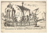 Plate 10: Agamemnon and Menelaus seated in a boat accompanied by other figures including Vulcan (Agamennone et Menelao Argn. condoti da Vulcano), from the series 'The magnificent pageant on the river Arno in Florence for the marriage of the Grand Duke' (Le Magnifique carousel fait sur le fleuve de l'Arne a Florence, pour le mariage du Grand Duc), for the wedding celebration of Cosimo de' Medici in Florence, 1608, Anonymous, Etching