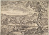 Landscape with a brick factory in the middle ground, a standing man in the foreground points to the left as he faces a man lying on a rock, Giovanni Francesco Grimaldi (Italian, Bologna 1606–1680 Rome), Etching