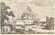 View of the Tiber river, a large tree to left, two groups of women to left in the foreground, a bridge leading to the Castello Sant'Angelo to left, above which a large flag is hoisted, clouds of gunsmoke to right and left of the castle, Stefano della Bella Italian, Etching