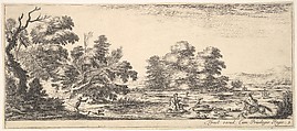 Plate 5:  two horsemen in a stream to right, riding towards the left, following four dogs chasing a stag, another dog running into the water from the left, from "Various Landscapes" (Divers Paysages), Stefano della Bella  Italian, Etching; second state of two