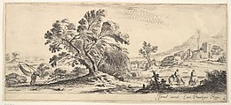 Plate 6: a fisherman carrying a net to left, two horsemen in a stream to right, a tree in center, castle ruins to right in the background, from "Various Landscapes" (Divers Paysages), Stefano della Bella  Italian, Etching; second state of two