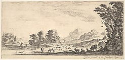 Plate 11: shepherdess seated to the right under a tree, watching her flock to the left, mountains to right in the background, from "Various Landscapes" (Divers Paysages), Stefano della Bella  Italian, Etching; second state of two