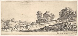 Plate 9: two horsemen at left galloping uphill towards the right, a horse and seated man to right, from "Various Landscapes" (Divers Paysages), Stefano della Bella  Italian, Etching; second state of two