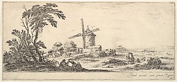 Plate 10: a family in center foreground, various figures and horses in middleground, a windmill in center background, from "Various Landscapes" (Divers Paysages), Stefano della Bella  Italian, Etching; second state of two