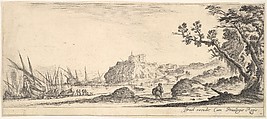Plate 7: various boats on shore to left, a man carrying a bag, seen from behind and walking towards the background, a fortress in center background, a tree to the right, from "Various Landscapes" (Divers Paysages), Stefano della Bella  Italian, Etching; second state of two