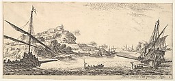 Plate 8: A the bow of a galley at left and another galley at right, seen from behind, two rowboats in center, a hill with a fortress in the background, from "Various Landscapes" (Divers Paysages), Stefano della Bella  Italian, Etching; second state of two