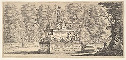 Plate 1: a monument with statues and a coat of arms in the center, a draughstman on the ground beneath a tree to right, two pairs of lovers to left in the background, from "Various Landscapes" (Divers Paysages), Stefano della Bella  Italian, Etching; second state of two