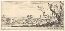 Plate 2: a peasant woman removing her shoes in center, another peasant woman and two cows in a stream to left, a bridge to right in the background, from "Various Landscapes" (Divers Paysages), Stefano della Bella  Italian, Etching; second state of two