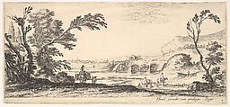 Plate 3: two horsemen crossing a river to right, a woman with two baskets atop a donkey to left, trees to the left and right, a bridge in the background, from "Various Landscapes" (Divers Paysages), Stefano della Bella  Italian, Etching; second state of two