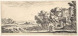 Plate 4: two pilgrims observing ruins to right, one pointing towards the right, a shepherd and a herd of cattle in center background, from "Various Landscapes" (Divers Paysages), Stefano della Bella  Italian, Etching; second state of two