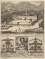 Four views: at top, a view of the new monastery of Vallombrosa, at bottom left and right, a view of a chapel, at bottom center, the tree of St. John Gualbert, from "Frontispiece and four scenes from the life of Saint John Gualbert" (Frontispice et quatre vignettes pour une vie de Saint Jean Gualbert), Stefano della Bella  Italian, Etching