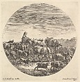 A peasant woman seated on a horse to left, facing right, surrounded by a herd of cows, goats, sheep, and dogs, from "Six Animal Subjects" (Six Sujets d'Animaux), Stefano della Bella Italian, Etching
