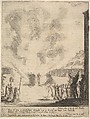 The test of fire, the monk Peter, the disciple Saint John Gualbert, passing through the flames from two pyres unharmed, from "Frontispiece and four scenes from the life of Saint John Gualbert" (Frontispice et quatre vignettes pour une vie de Saint Jean Gualbert), Stefano della Bella Italian, Etching