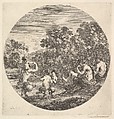 Two satyrs and a faun seated to right watching two child satyrs and another satyr with an child on his shoulders dance to left, from "Six Animal Subjects" (Six Sujets d'Animaux), Stefano della Bella Italian, Etching