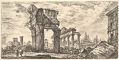 Plate 7: Temple of Jupiter Tonans (Jupiter the Thunderer). 1. Temple of Concord. (Tempio di Giove Tonans. 1. Tempio della Concordia.), from "Antichità Romane de' Tempi della Repubblica, e de' primi Imperatori", Giovanni Battista Piranesi Italian, Etching