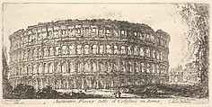 Plate 12: Flavian Amphitheater, called the Colosseum. 1. Arch of Constantine. 2. Palatine Hill. (Anfiteatro Flavio detto il Colosseo in Roma. 1. Arco di Costantino. 2. Monte Palatino.), from "Antichità Romane de' Tempi della Repubblica, e de' primi Imperatori", Giovanni Battista Piranesi  Italian, Etching