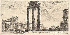 Plate 10: Ruins of the Temple of Jupiter Stator (Jupiter the Supporter). 1. Temple of Antoninus and Faustina. 2. Temple of Peace. (Vestigi del Tempio di Giove Statore. 1. Tempio d'Antonino e Faustina. 2. Tempio della Pace.), from "Antichità Romane de' Tempi della Repubblica, e de' primi Imperatori", Giovanni Battista Piranesi Italian, Etching