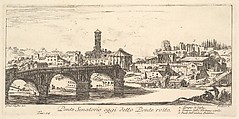 Plate 14: Senatorial Bridge, today called the Ponte Rotto (Broken Bridge). 1. Temple of Vesta. 2. Temple of Fortuna Virilis. 3. Part of the ancient Palatine. (Ponte Senatorio oggi detto Ponte rotto), from "Antichità Romane de' Tempi della Repubblica, e de' primi Imperatori", Giovanni Battista Piranesi  Italian, Etching