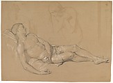 A Nude Woman Kneeling at the side of a Reclining Man (Study for Mary Magdalen Lamenting Christ), Julius Hübner  German, Graphite, brush and brown wash, heightened with white chalk.