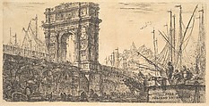 Plate 28: Arch of Trajan in Ancona (Arco di Trajano in Ancona), from "Alcune Vedute di Archi Trionfali ed altri monumenti inalzati da Romani parte di quali se veggono in Roma e parte per l'Italia" (Some Views of Triumphal Arches and other monuments erected by the Romans, some of which are in Rome and some elsewhere in Italy), Giovanni Battista Piranesi  Italian, Etching