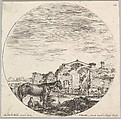 Plate 12: a shepherd sleeping on the ground, the Baths of Diocletian in the background, from "Roman landscapes and ruins" (Paysages et ruines de Rome), Stefano della Bella Italian, Etching