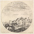 Plate 12: a shepherd sleeping on the ground, the Baths of Diocletian in the background, from "Roman landscapes and ruins" (Paysages et ruines de Rome), Stefano della Bella  Italian, Etching