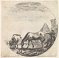 Plate 11: the pyramid of Caius Cestius, a horse grazing, a foal suckling a mare, a seated shepherd and another standing, from "Roman landscapes and ruins" (Paysages et ruines de Rome), Stefano della Bella  Italian, Etching