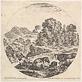 Plate 10: a horse lying down, a cow and two goats, two seated shepherds, a waterfall and a mountain in the background, from "Roman landscapes and ruins" (Paysages et ruines de Rome), Stefano della Bella  Italian, Etching